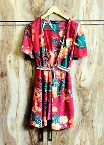 Vibrant Floral Print Wrap Dress Size-34-36