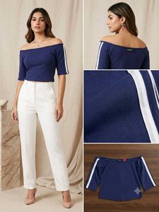 Navy Blue Off-Shoulder Striped Top