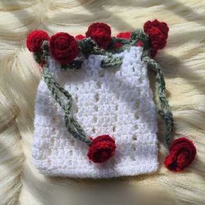 Crocheted Rose Drawstring Pouch