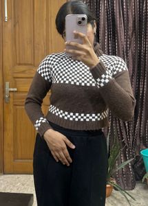 Checkerboard Turtleneck Crop Sweater