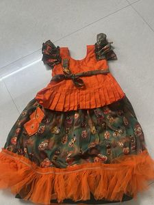 Girls Orange &amp; Green Lantern Print Skirt Set