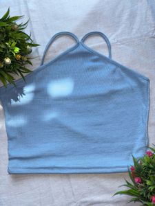 Light Blue Ribbed Halter Neck Crop Top