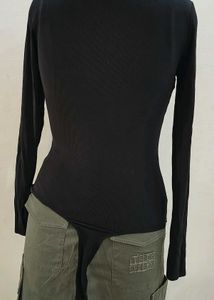 Black Ribbed Lace-Up Long Sleeve Top
