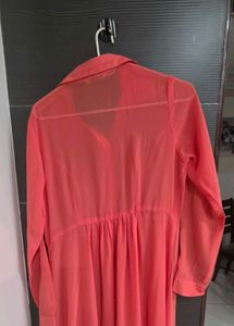 Coral Sheer Button-Down Maxi Dress