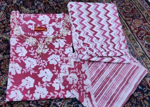 Red &amp; White Floral Kurta Set- 40 Size