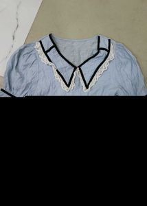 Light Blue Puff Sleeve Collared Top