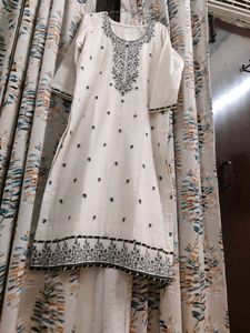 White Embroidered Kurta with Black Trouser