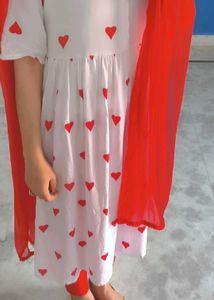 White frock Set with Red Hearts duppta trouser