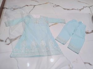 Girls' Light Blue Embroidered Salwar Kameez