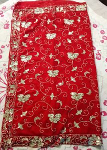 Red Saree with Silver Embroidery