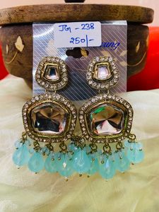 Heavy Kundan With Sky Blue Beads Earrings