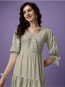 Elegant Sage Green Printed Midi Dress with Tiered