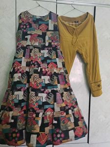 printed frock kurta set with bnarsi duppta