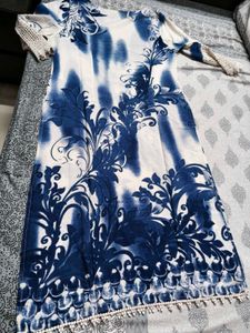 Mustard Women Blue &amp; White Printed Cotton Suit