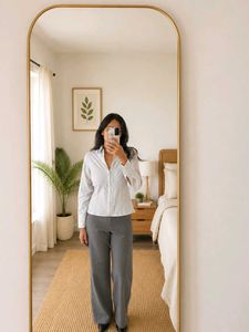 Gray Wide Leg Trousers-Mid waist