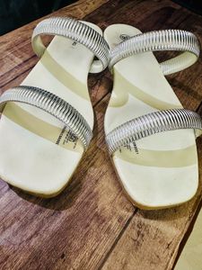 Stylish White &amp; Silver Flat Sandals