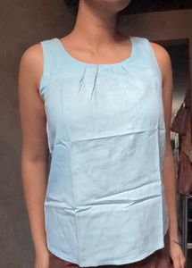 Blue  Sleeveless Zip-Front Top