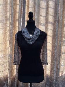 Black ribbed knit top with sheer Leopard P