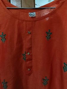 Embroidered Orange Kurta with Teal Dupatta