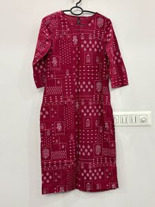 Maroon Block Printed Straight Fit Kurta