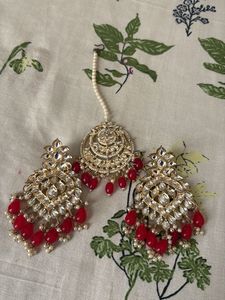 Stunning Red & Gold Maang Tikka & Earrings Set