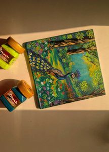 Mini peacock Landscape painting with wooden stand