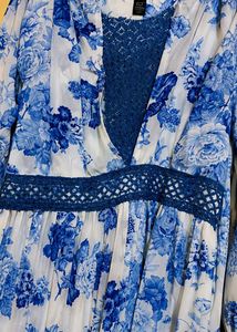 Blue Floral Maxi Dress – Elegant Long Sleeve Dres
