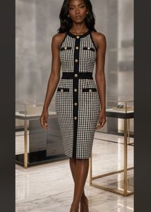 Elegant Houndstooth Button Dress