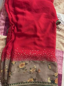 Vibrant Red Saree with Floral Border