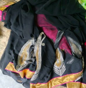 Elegant Black Saree with Gold Embroidery