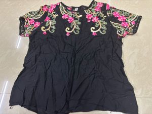 Boho-Chic Embroidered Yoke Black Tunic Top