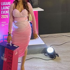 Chic Ruched Pink Midi Dress