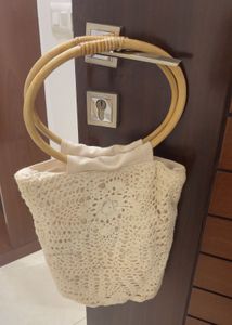 Crocheted Bucket Bag with Wooden Handles