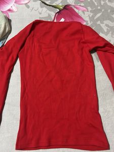 Red Square Neck Ribbed Long Sleeve Top