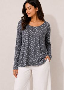 Gray Feather Print Long Sleeve Top