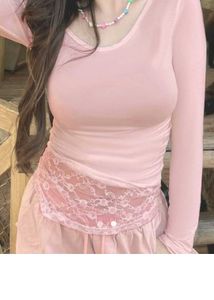 Sheer Pink Lace Trim Long Sleeve Top
