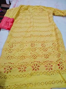 Yellow Chikankari Kurta with Pink Sleeves
