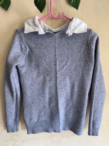 Girl's Blue Knit Sweater with White Collar
