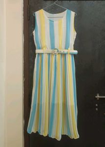 Striped Pleated Midi Dress with Belt