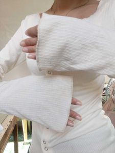 Cream Ribbed Button-Up Long Sleeve Top