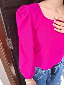 Hot Pink Square Neck Puff Sleeve Top