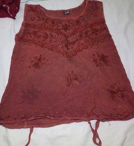 Embroidered Sleeveless Kurta Top
