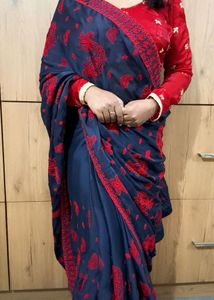 Elegant Navy &amp; Red Embroidered saree