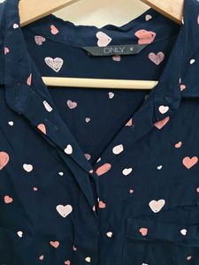 Navy Heart Print Button-Up Shirt