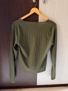Olive Green V- Neck Ribbed Top | Full Slee