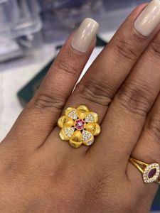 Exquisite Floral Gold Ring with CZ &amp; Ruby