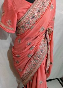 Beautiful Embroidered Peach Saree 🤩
