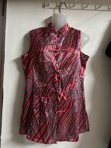 Satin Striped Mandarin Collar Top