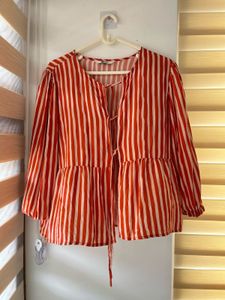 brick &amp; White Striped Peplum Top