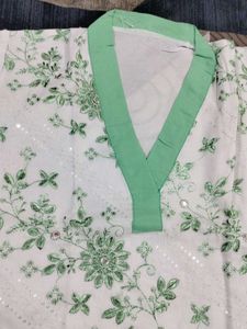 White Kurta Set with Green Embroidery